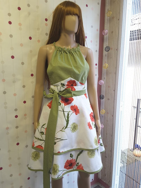 Flirty apron with adjustable bib, double skirt, popies on white and coordinating green polka dot