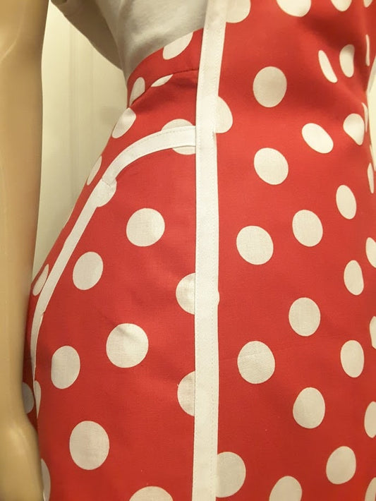 Retro Style Apron with Ruffles – Polka Dot Red Cotton Apron, Apron Evita