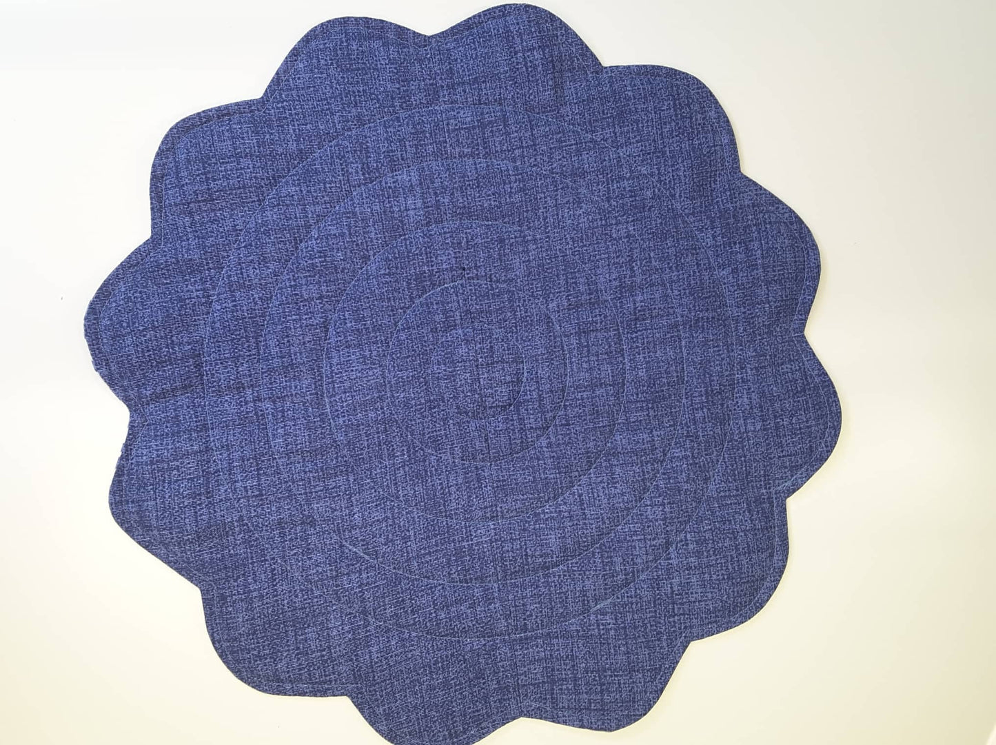 Blue And White Coastal Style Scalloped Placemats with Coral print