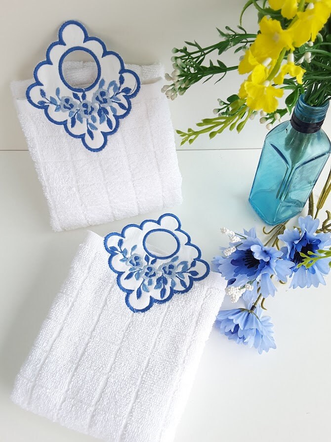 Guest Hand Towel With Embroidered Flowers in Blue and White