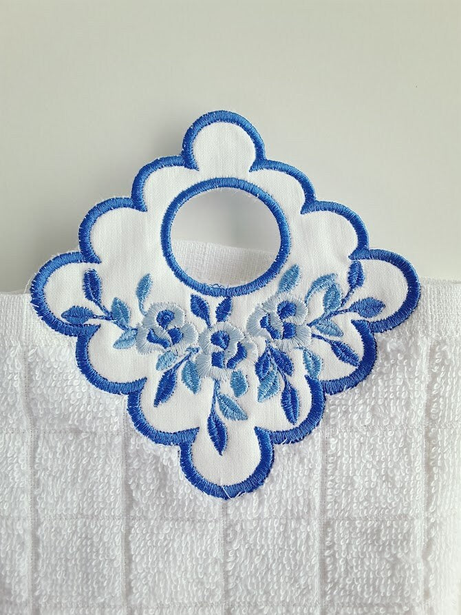 Guest Hand Towel With Embroidered Flowers in Blue and White