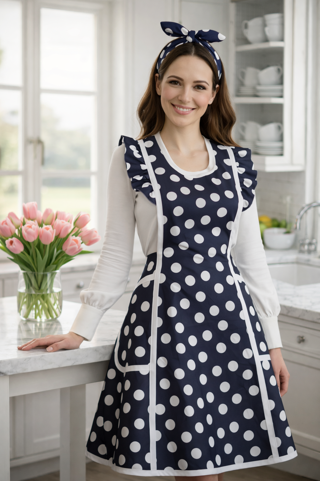 Blue and white polka dot apron with ruffles. Retro style apron