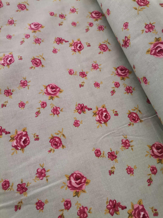 Cotton Poplin, tiny red roses on mint green