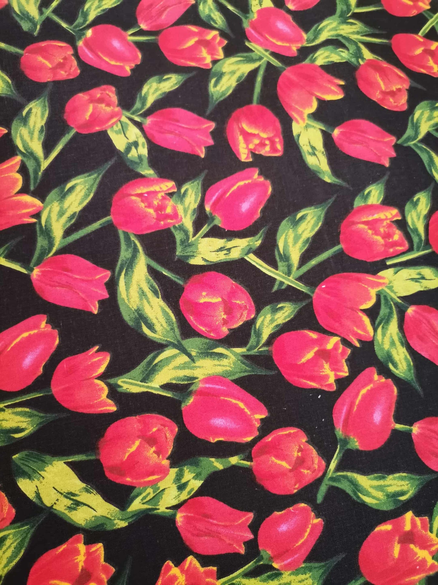 Cotton Poplin, Digital print with red tulips on black background.