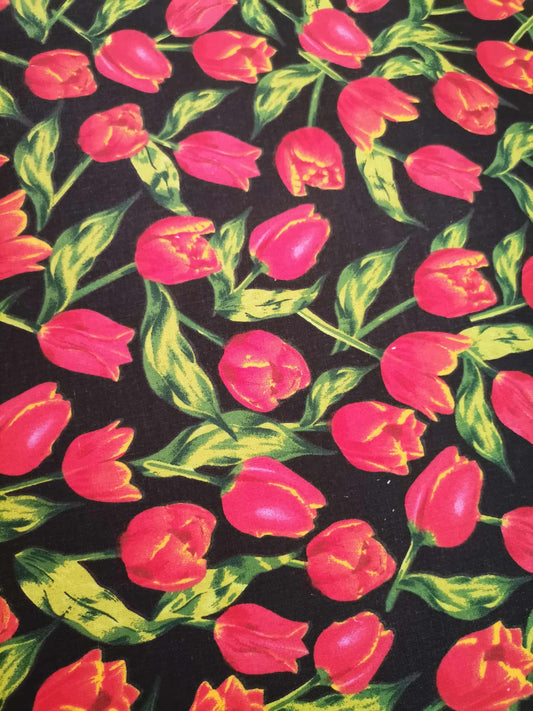 Cotton Poplin, Digital print with red tulips on black background.