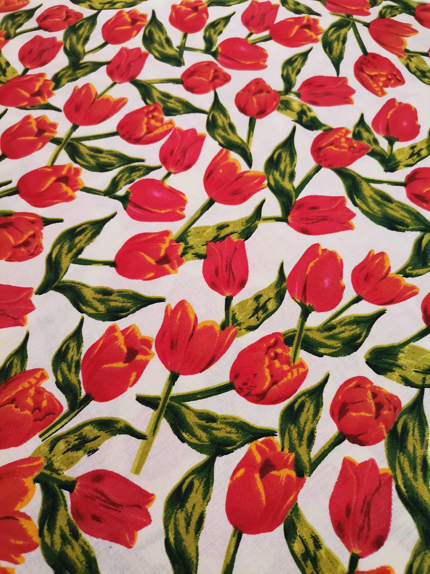 Cotton Poplin, Digital print with red tulips on beige background.