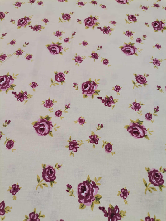 Cotton Poplin, tiny red roses on beige