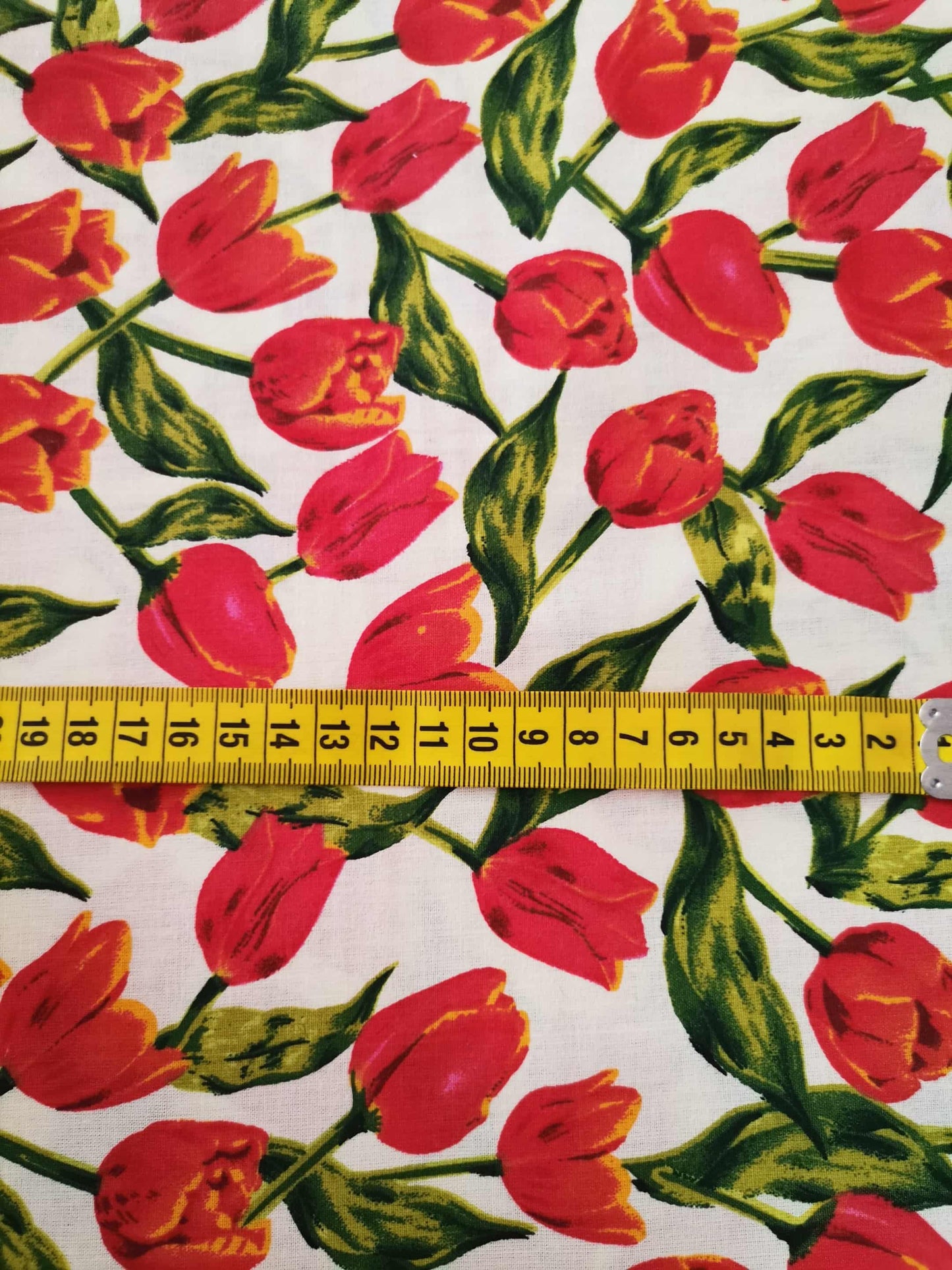 Cotton Poplin, Digital print with red tulips on beige background.