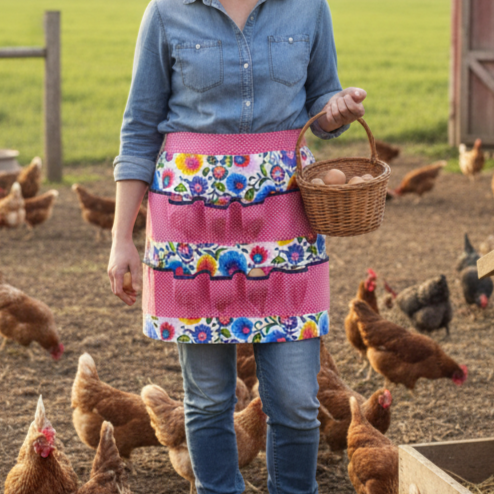 Egg gathering apron in pink and folk art cotton, ten pockets for eggs