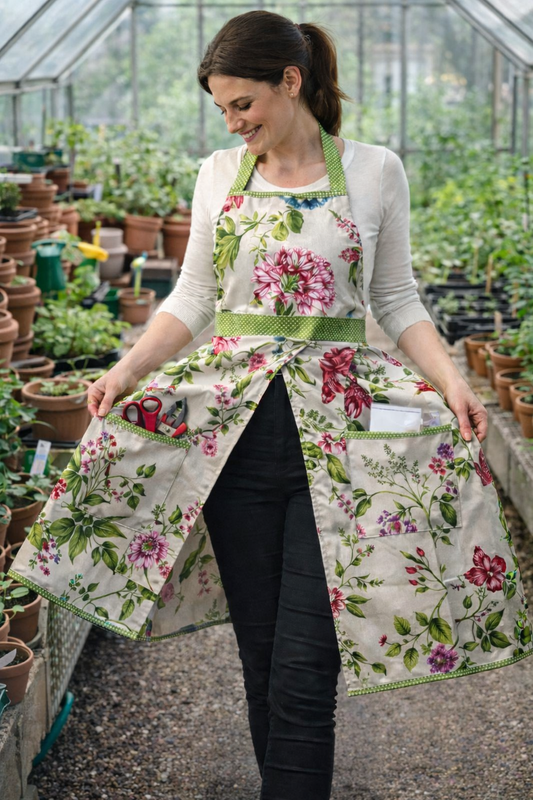 Garden apron with a split skirt and big pockets, apron Ella by Katrushka, handmade in Slovenia