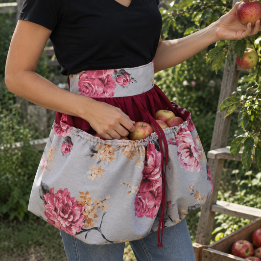 A woman in an apple orchard wearing a floral harvesting apron, picking apples