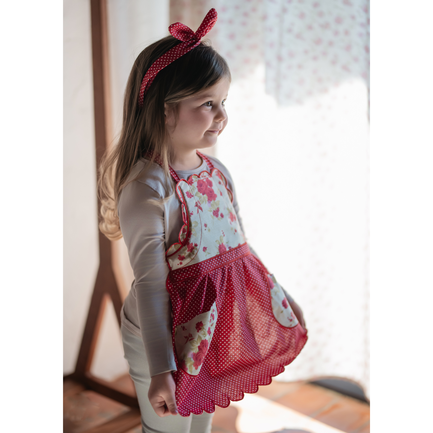 Girls Apron in Floral Print with Matching Headband