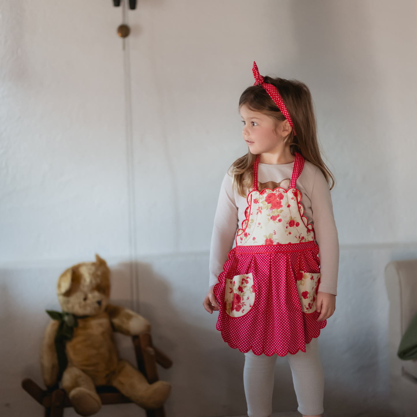 Girls Apron in Floral Print with Matching Headband