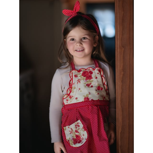 Girls Apron in Floral Print with Matching Headband