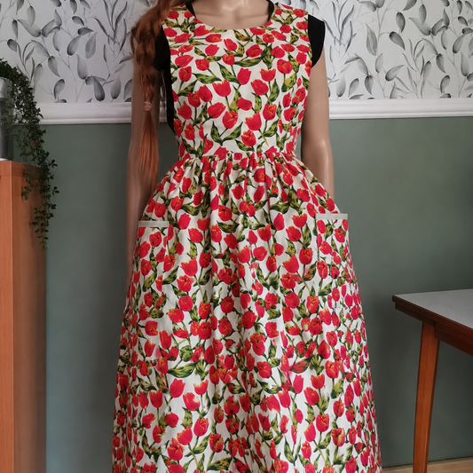 Wrap around apron dress in red tulips on off white print