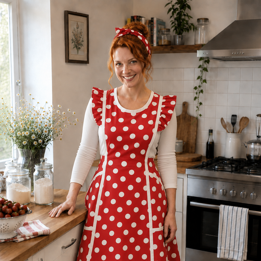 Woman in a red polka dot dress standing in a kitchen.