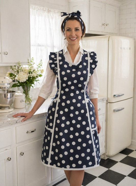 Retro Style Apron with Ruffles – Dark Blue Polka Dot Cotton Apron, Apron Evita