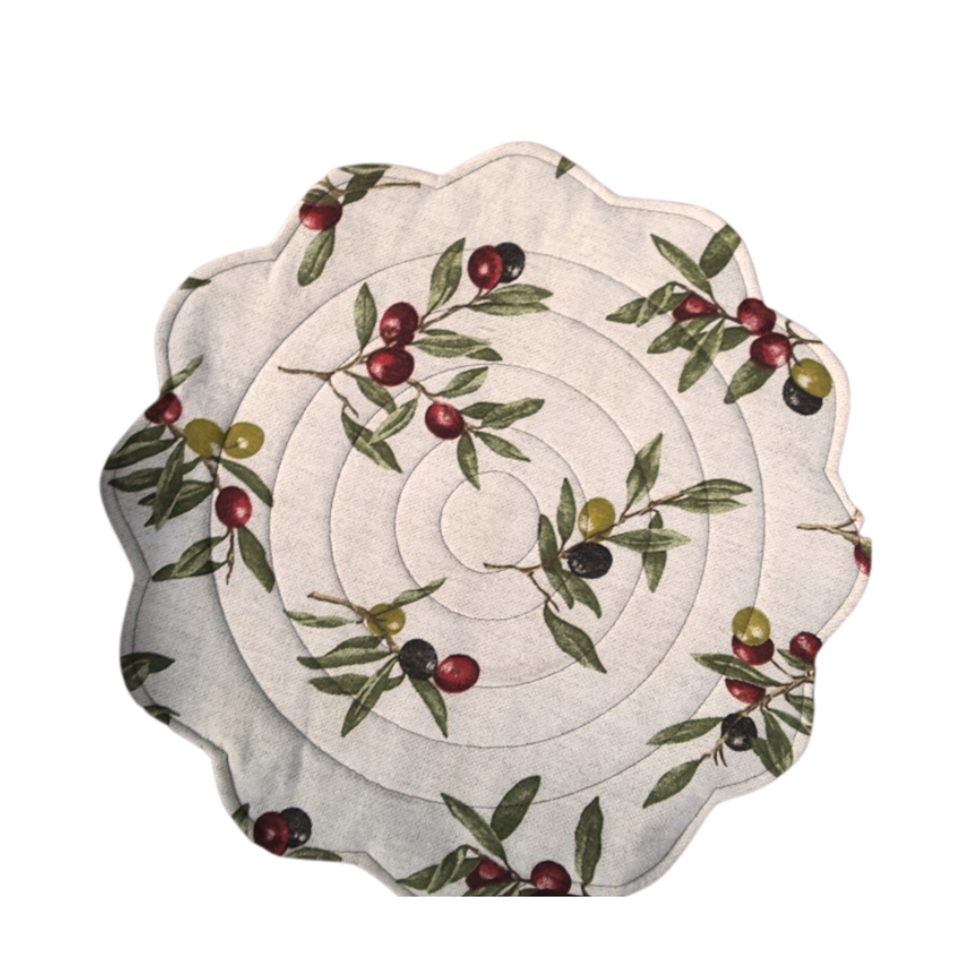 A round, beige quilted placemat with an olive print design, featuring green leaves and red/black grapes, scalloped edges, and a visible quilted texture.