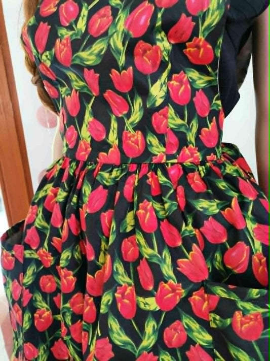 Red Tulip Wrap Around Apron Dress with Pockets | Vintage Cottagecore Floral Dress