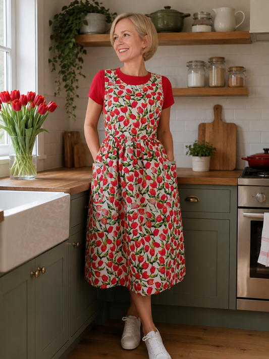 Wrap Around Apron Dress in Red Tulips on Black, Pinafore Cottagecore Floral Dress