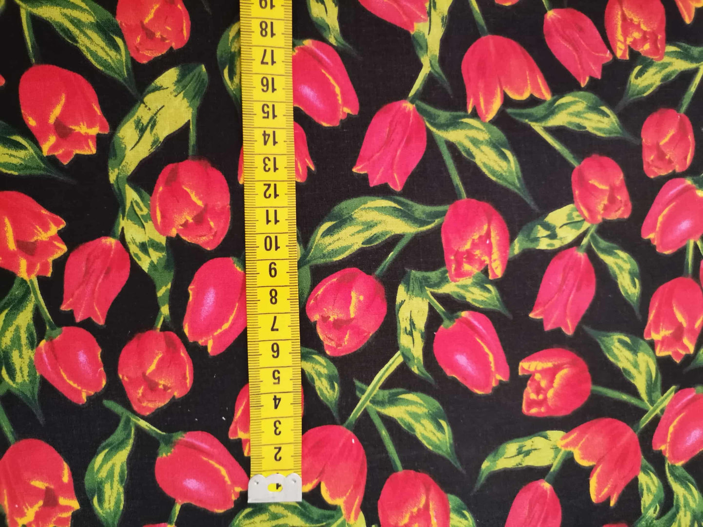 Cotton Poplin, Digital print with red tulips on black background.