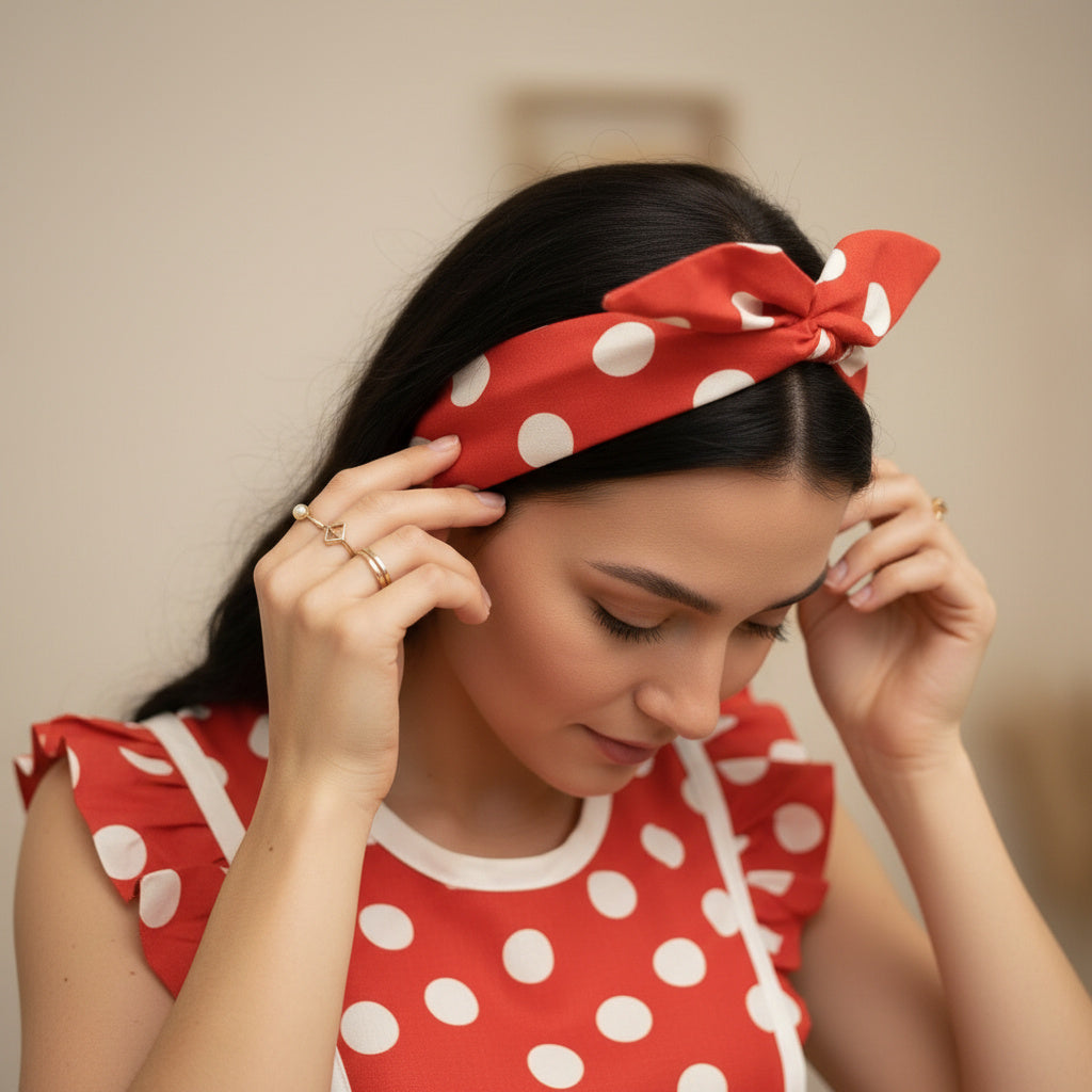 Woman wearing a red polka dot headband matching the retro style red polka dot apron