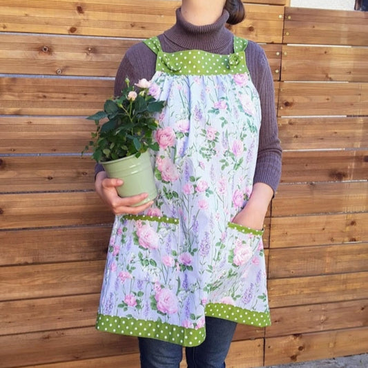 Easy-on pinafore apron in soft mint colour with roses print and green polka dot straps, cotton apron, handmade in Slovenia